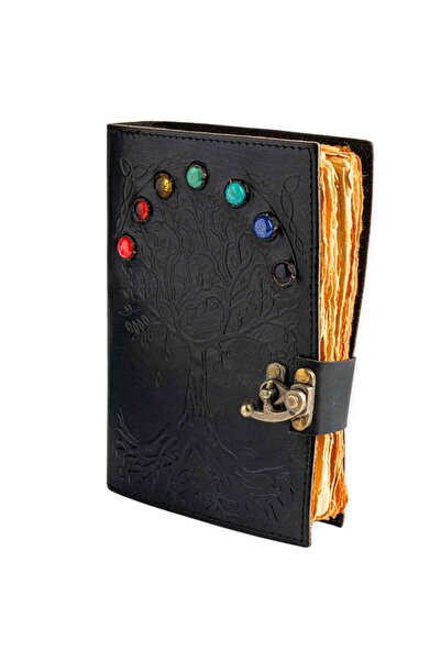 craftmystic Jurnal Vintage Negru cu Arborele Vietii si 7 Pietre Chakre - Hand...