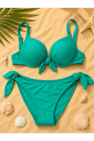 Generic Brand Costum de baie damă 2 piese verde turcoaz cu cupe push-up și șn...