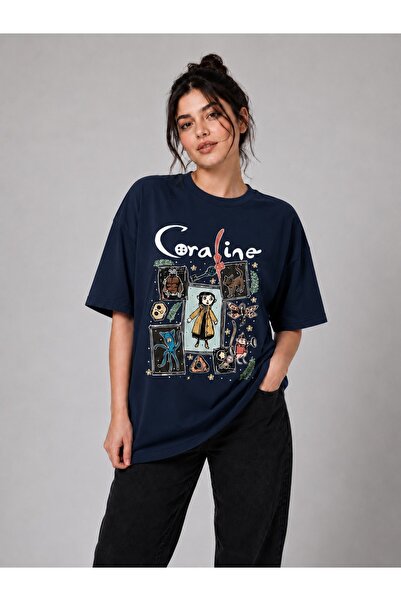 ZAVIXO Unisex Oversize Coraline Baskılı Tişört %90 Pamuk Anime Karakter Baskı...