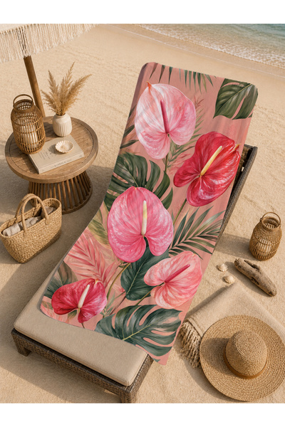 Evmila Prosop de plajă cu model de frunze de anthurium roz tropical, 70x150 -...