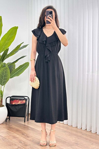 Moda Days Women's Black Midi V-Neck Ruffle Detailed Elastic Waist Woven Dress