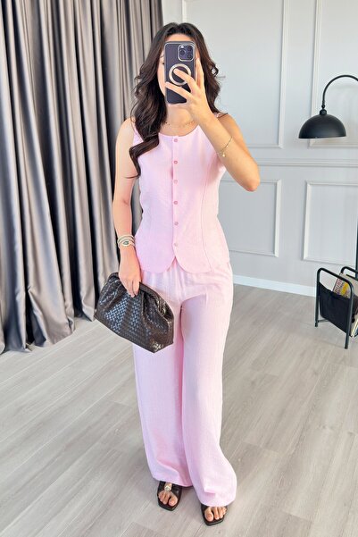 Moda Days Women's Pink Bottom - Top Set Sleeveless Buttoned Blouse Pants Set ...