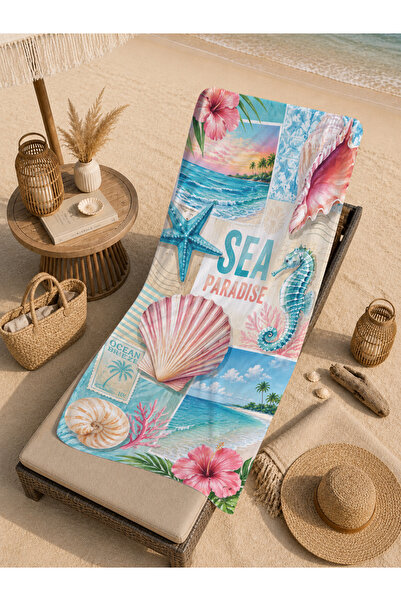 Evmila Pastel Sea Shell Seahorse and Sea Paradise Patterned 70X150 Beach Towe...
