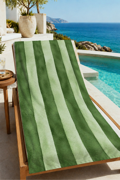 Evmila Watercolor Dark Green Mint Vertical Striped Patterned 70X150 Beach Tow...