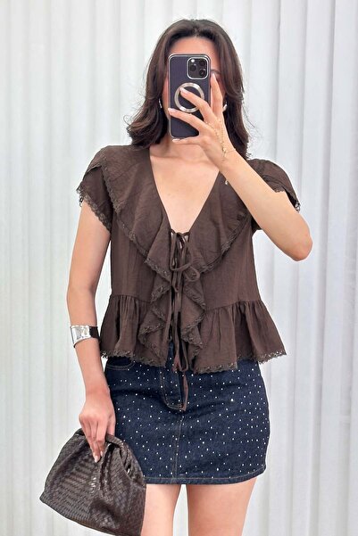 Clothes Fast Bluză peplum maro pentru femei, cu dantelă, cu decolteu în V și ...