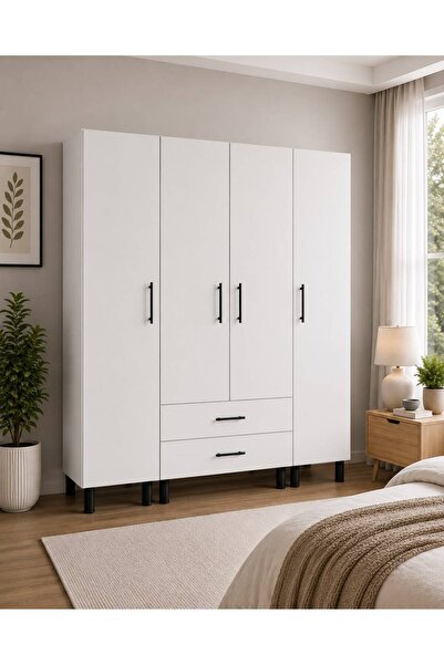 TRNHOME Luna 4 Kapak 2 Çekmeceli Gardırop 160x195x50 cm – Beyaz Çok Amaçlı El...