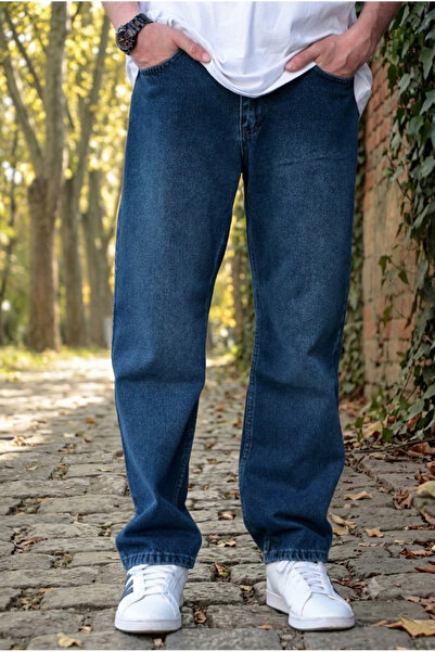 Erkek Lacivert Rahat Kesim Baggy Denim Kot Pantolon – %100 Pamuk Bol Paça Jeans