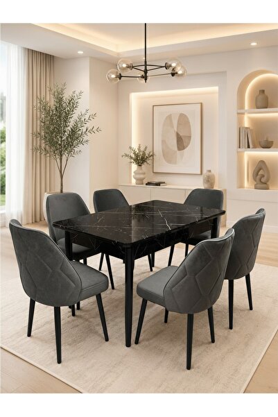 Concept Ayz Home Vienna Nova Serisi 6 Kişilik K.Gri Kumaş Siyah Mermer Mdf Aç...