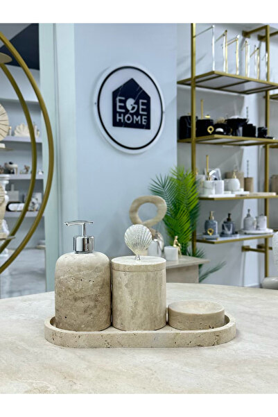 ege gross Decorative Travertine Natural 4-Piece Bathroom Set with Silver Details