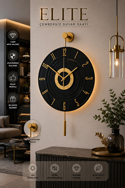 MetaQuartz Aksesuar Kardelen [ GOLD SİYAH ] LEDLİ 12 - 24 duvar saati