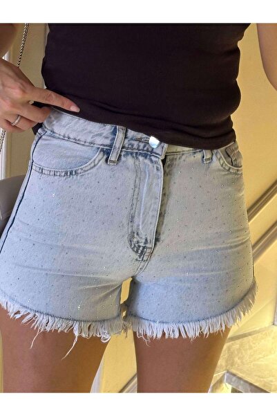 Chamakh Women's Stoned Ice Blue Tasseled Denim Shorts
