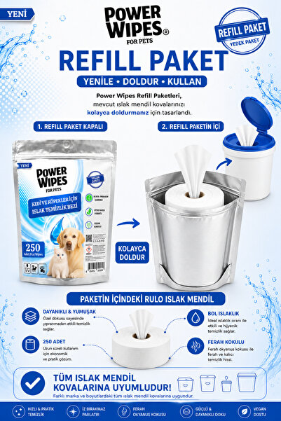 Power Wipes Kedi Köpek Kova Islak Mendil Refill Yedek Paket 250 Yaprak Evcil ...