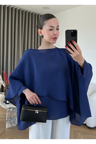 Miss Beyoğlu Women's Cape Detailed Thin Flowy Chiffon Oversized Blouse