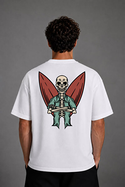 VSRN Tricou supradimensionat alb cu imprimeu pe spate cu design Surfing Skeleton