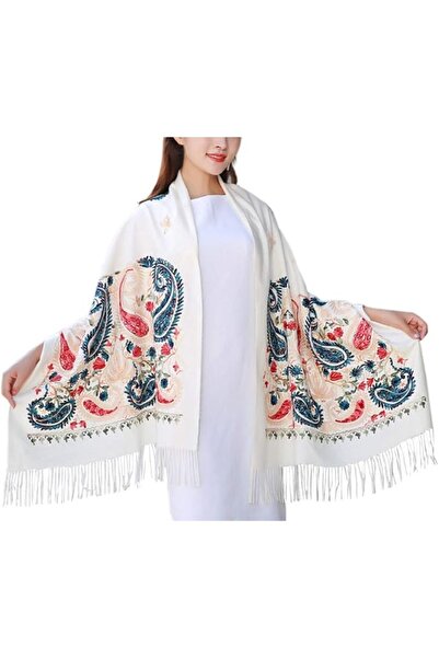 Urban CoCo Women's Embroidered Oversize Tassel Shawl Scarf