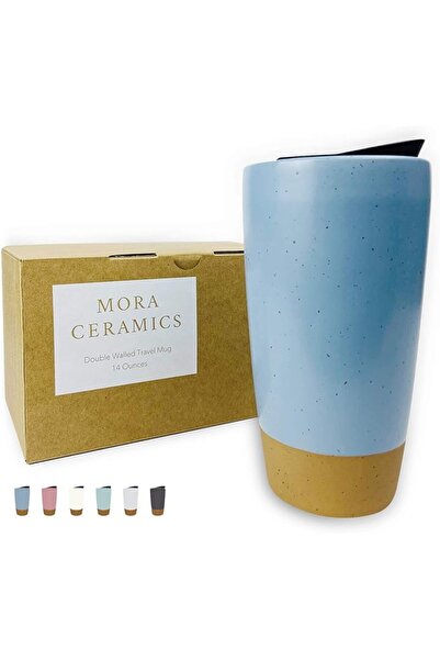 Moralia Mora Double Wall Ceramic Coffee Travel Mug with Lid, 14 oz, Portable,...
