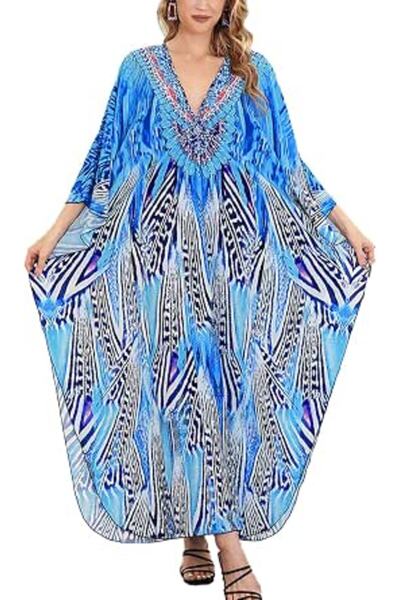 YouKD Maxi Dress V-Neck Kaftan Boho Robes Beach Cover-ups Dress Maxi Garment ...