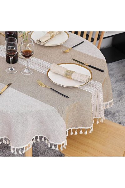 Generic Brand 140cm khaki stain-resistant round tablecloth with embroidered t...