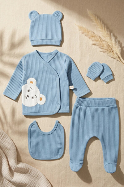 Babydonat Sage Blue Teddy Bear Embroidered Baby Boy Ribbed Cotton 5-Piece New...