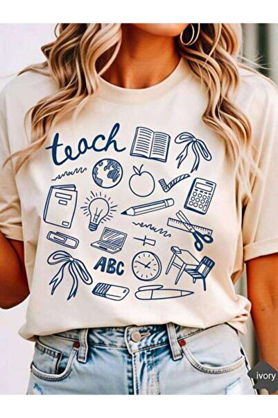 23ERVA Teach, Women's Educational Icons Text Design, Pure Cotton T-Shirt, Spr...