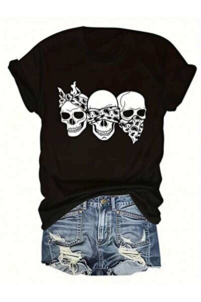 23ERVA Skull Design, Women's Three Skulls With Bandanas Flames, Pure Cotton T...