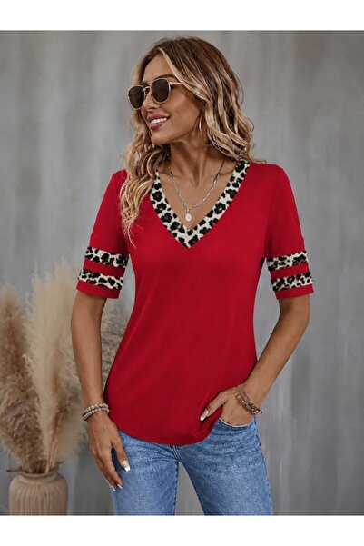 Veraura Lifestyle Women's short sleeve v-neck leopard print viscose blouse