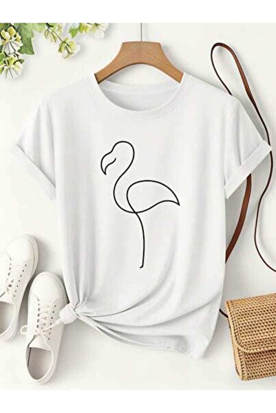 23ERVA Flamingo, Women's Minimalist Line Art Design, Pure Cotton T-Shirt, Sum...
