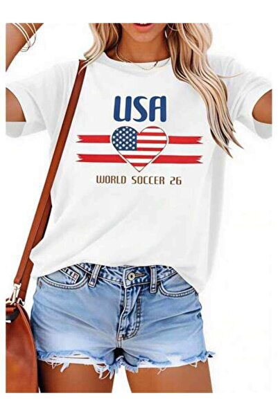 23ERVA Summer Outfit Women, Usa Flag Heart World Soccer 26 Funny Vintage T-Sh...