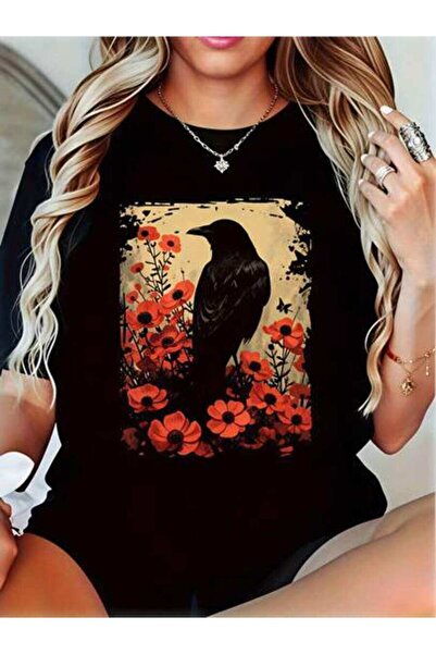 23ERVA Women's Crow Poppy Flowers Design, Pure Cotton T-Shirt, Autumn Winter ...
