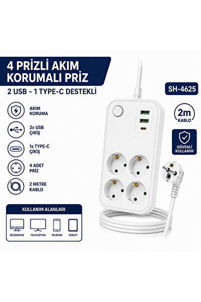 AŞIK STORE SH-4629 4’lü Topraklı Akım Korumalı Priz 2 USB 1 Type-C Şarj Çıkış...
