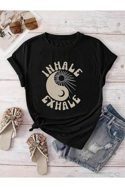 4Car تي شيرت نسائي بتصميم "Inhale Exhale" - أكمام قصيرة، ياقة دائرية، أساسي ل...