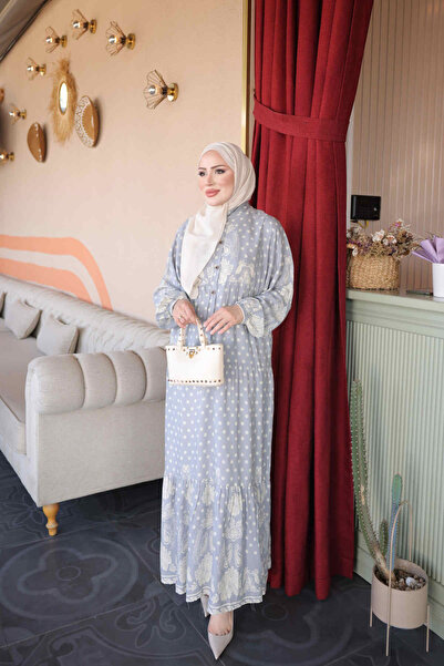 İmajButik Γκρι φόρεμα βισκόζης με μισά μανίκια με κουμπιά και ελαστική φούστα