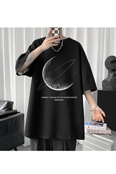 DEEFWEAR Mi̇ngalondon Crescent Saturn Printed Black Unisex Oversize T-Shirt