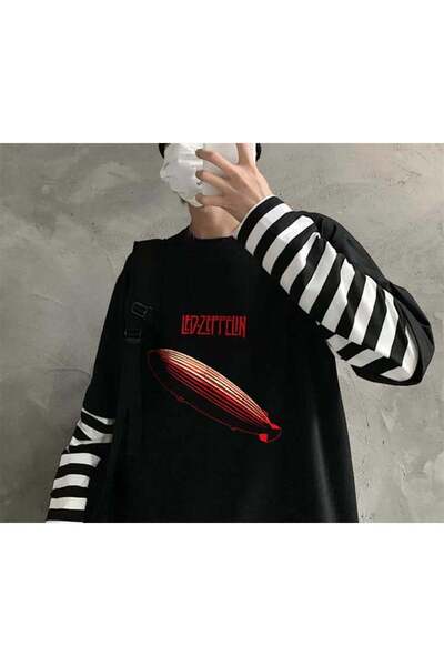 DEEFWEAR Led Zeppelin Logo Printed Fake Sleeves Unisex Black T-Shirt