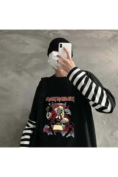 DEEFWEAR Mi̇ngalondon Iron Maiden Skull Printed Fake Sleeves Unisex Black T-S...