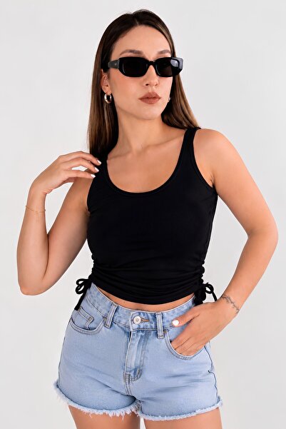 MOVİMENT Black Ruched Drape Detailed Crop Tank Top |   Havuz Yaka Fitted Mold...