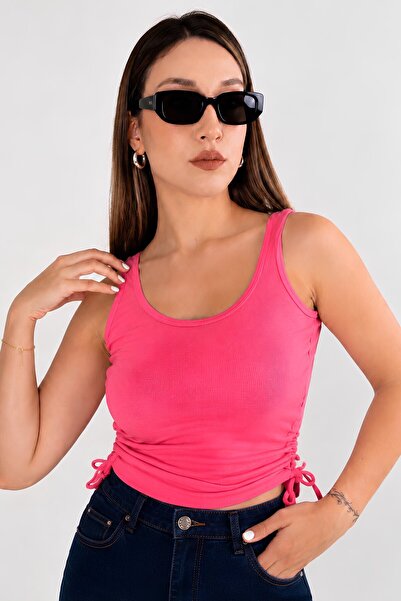 MOVİMENT Fuchsia Ruched Drape Detailed Crop Tank Top |   Havuz Yaka Fitted Mo...