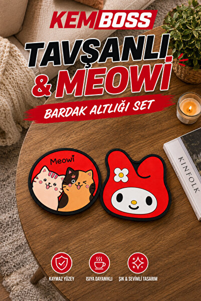 KEMBOSS Tavşanlı and Meowi Silicone Coaster Set of 4 Non-Slip Heat-Resistant ...