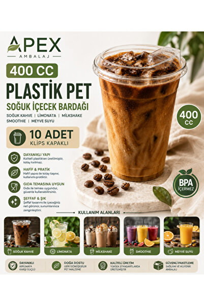 Apex 400 Cc Plastik Pet Limonata Milkshake Bardağı 10 Adet Klips Kapaklı