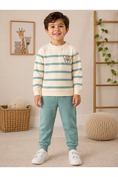 Melodikids Boy's Teddy Bear Printed Striped Seasonal Sweatshirt Tracksuit 2-P...