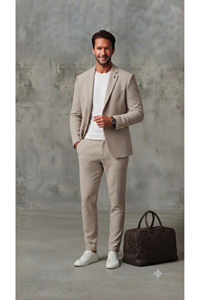 MY DEDE Bej Slim Fit Dar Kesim Jogger/Spor Takım Elbise