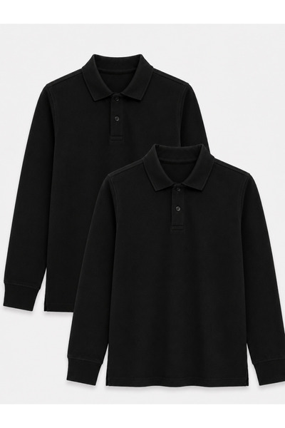ROZELT 2-Pack Cotton Long Sleeve Polo School T-Shirts - Black