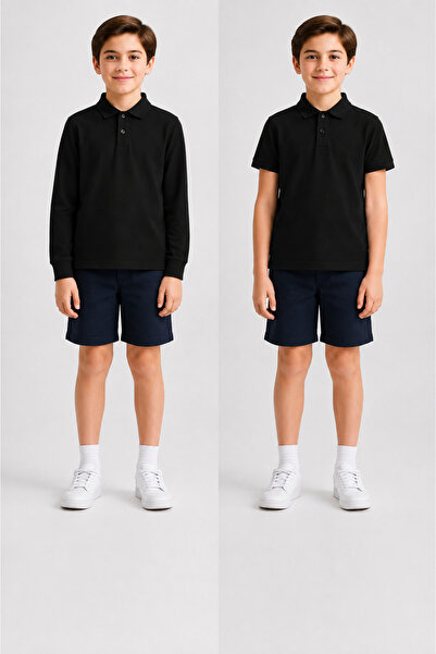 ROZELT 100% Cotton Black Long Sleeve & Short Sleeve 2 Piece Polo Collar T-Shirt
