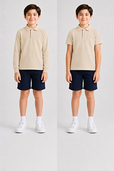 ROZELT 100% Cotton Beige Long Sleeve & Short Sleeve 2 Piece Polo Collar T-Shirt