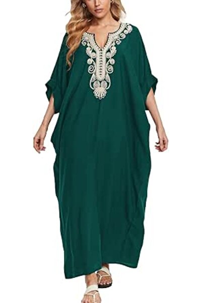 YouKD Embroidered Floral Kaftan Bohemian Beach Dress Bikini Coverups Long Bat...