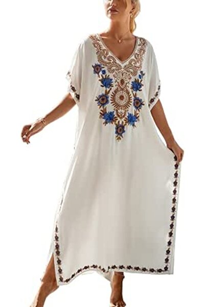 YouKD Embroidered Floral Kaftan Bohemian Beach Dress Bikini Coverups Long Bat...