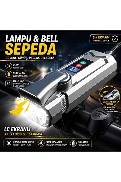 BLOMSTER 20W 2000mAh Bisiklet Ön Farı & Korna | LC Dijital Ekran | 3 Modlu Gü...