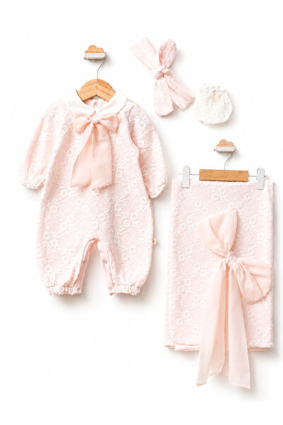 LİLİYUM Baby Girl Lace Bow Set of 4 Rompers Towel Bandana 3 Colors