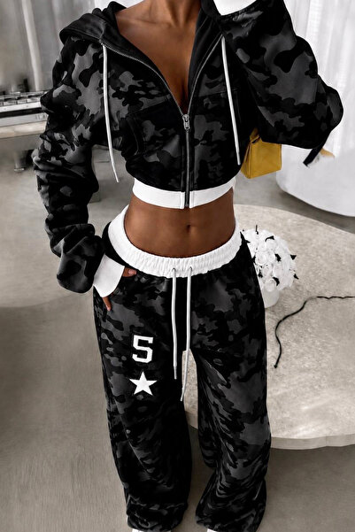 İlayda Toprak Set de trening larg, negru, cu model de camuflaj premium, cu gl...