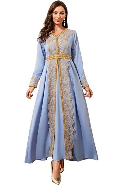 Abaowedding Elegant Long Sleeve Maxi Dress, Light Blue with Gold Embroidery, ...